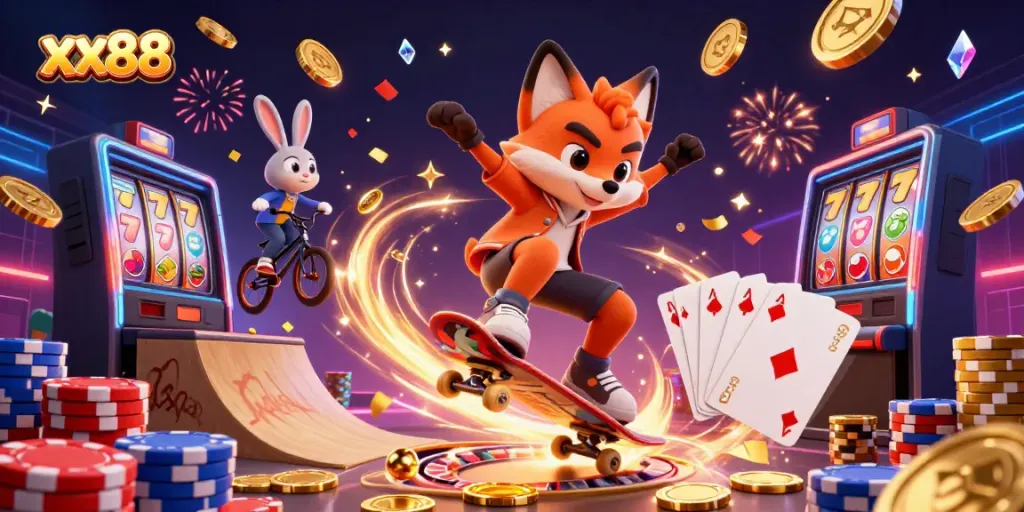 Experience the thrill of gaming with xx88, featuring an exhilarating scene of a skateboarder fox and BMX rabbit amidst casino elements.