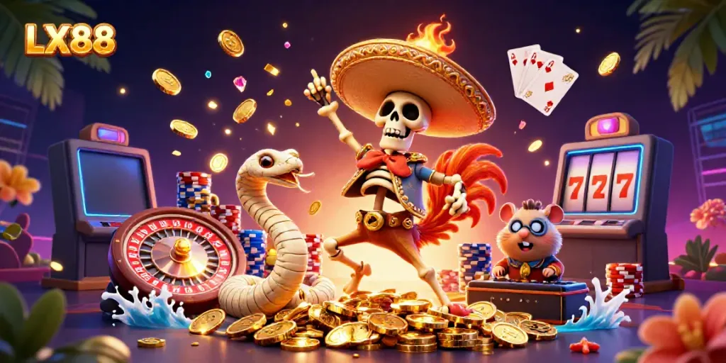 Experience the excitement of LX88 with a vibrant 3D casino scene featuring a victorious rooster and dynamic game elements.