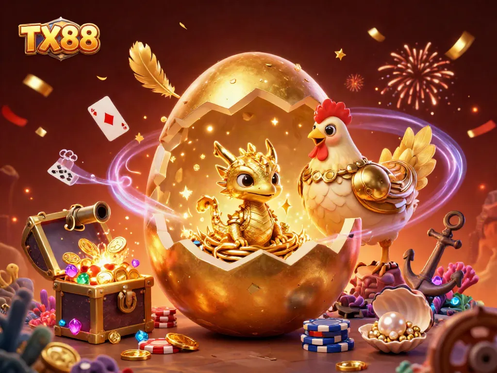 Engage with thrilling TX88 slots showcasing golden dragon eggs, poker chips, and vibrant casino elements.