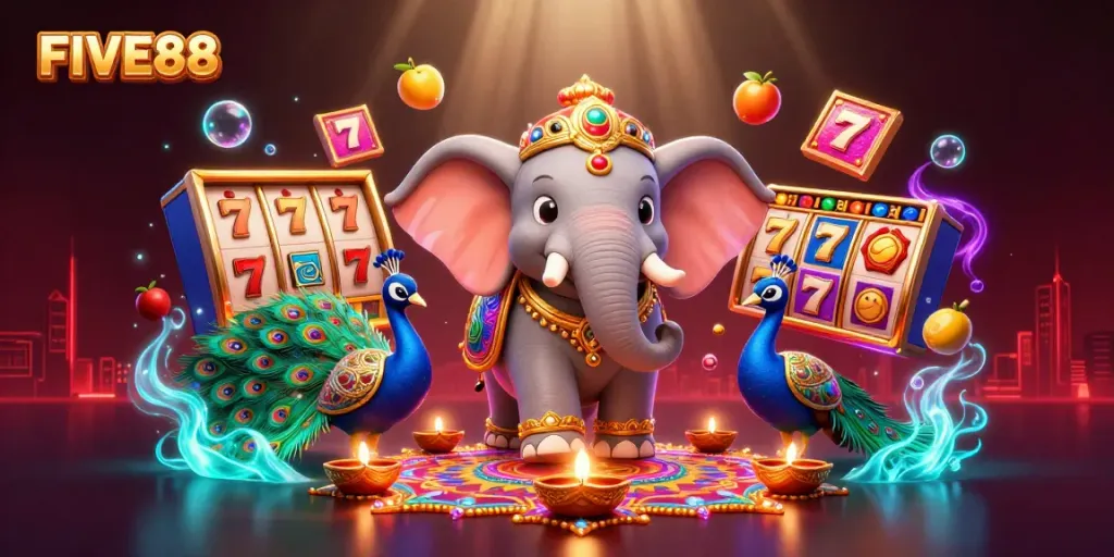 Engage in exciting gameplay at FIVE88 with vibrant slot reels and a festive atmosphere.