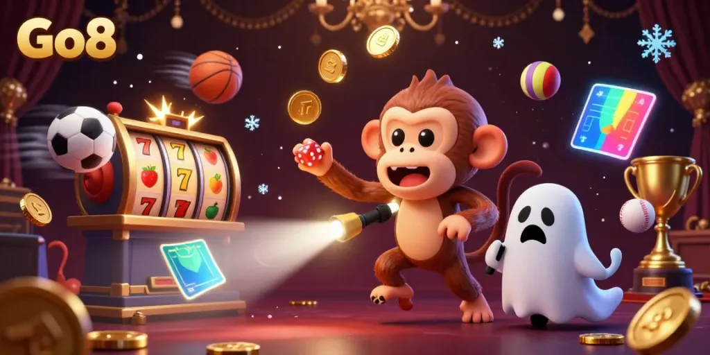 Experience Go8, a lively scene with a playful invisible monkey juggling in a haunted casino surrounded by vibrant gaming elements.