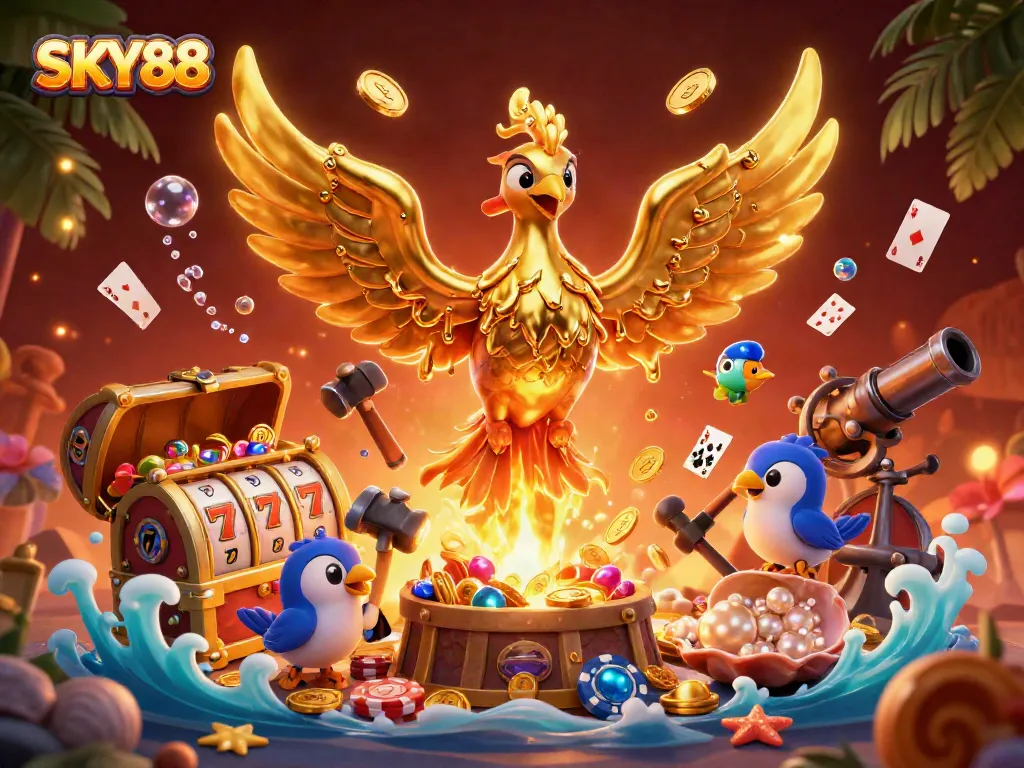 Experience the thrill of SKY88 with a dynamic scene showcasing a molten golden phoenix and vibrant casino elements.