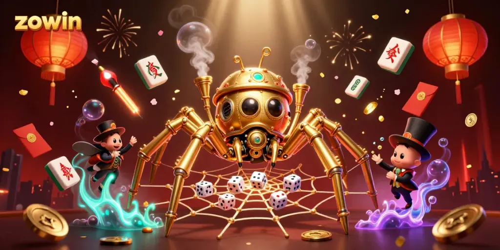 Zowin showcases a vibrant steampunk spider illustration in a lively casino scene.