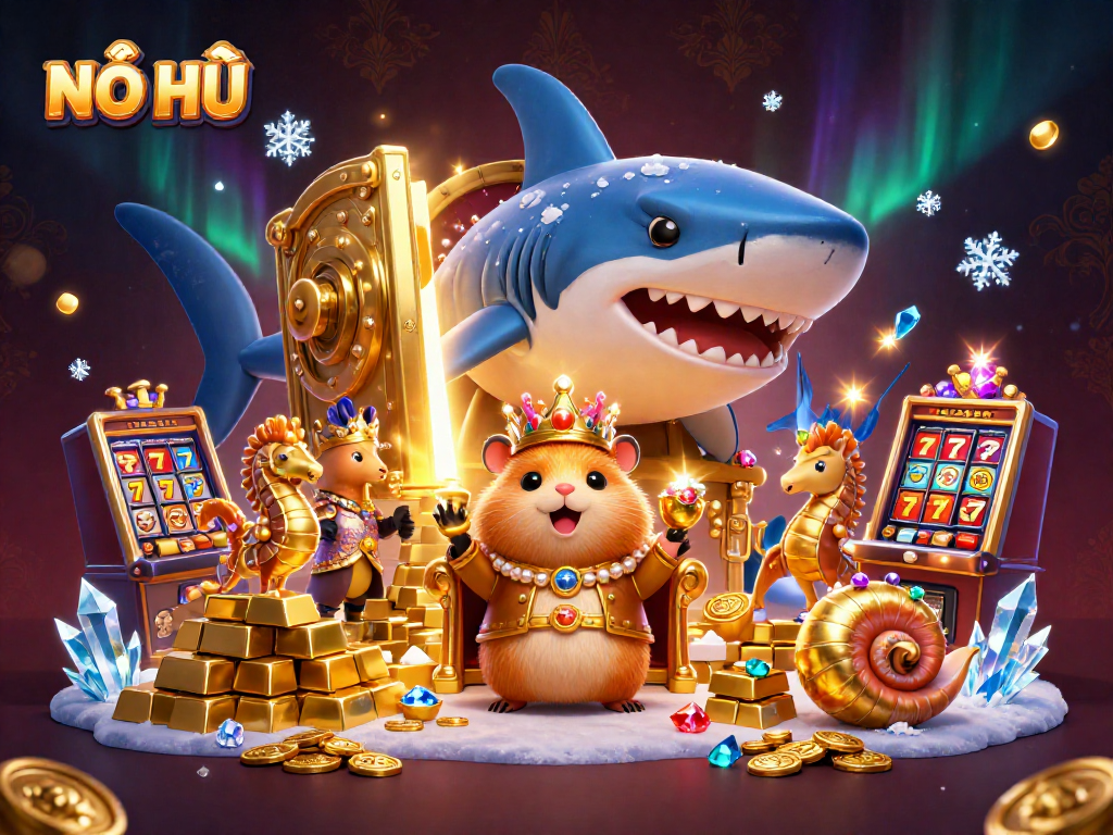NỔ HŨ jackpot scene featuring a golden hamster king among treasures and vibrant slot elements.