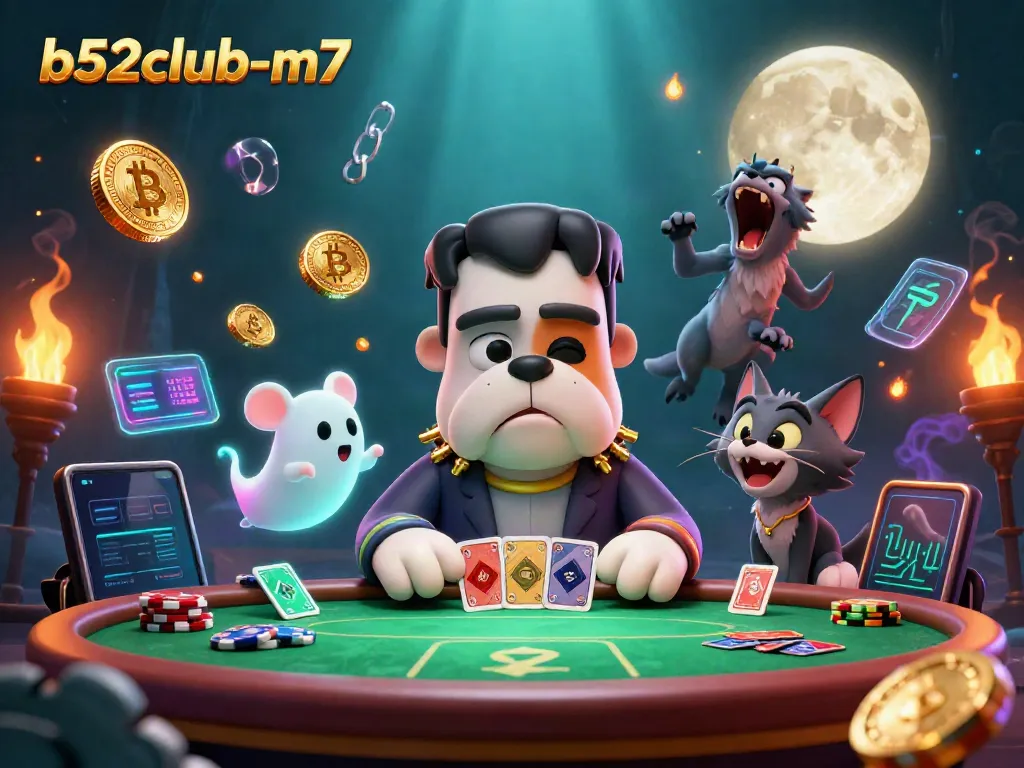 Engage with b52club-m7 as a Frankenstein bulldog monster deals cards amid Bitcoin and Ethereum coins.