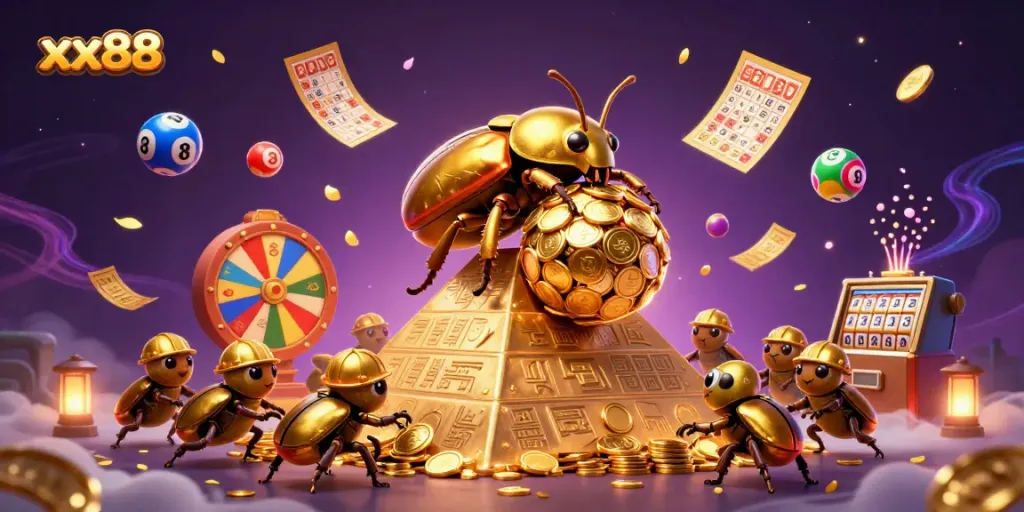 Join the excitement at xx88 with a dynamic scene of golden beetles and lottery elements in action.