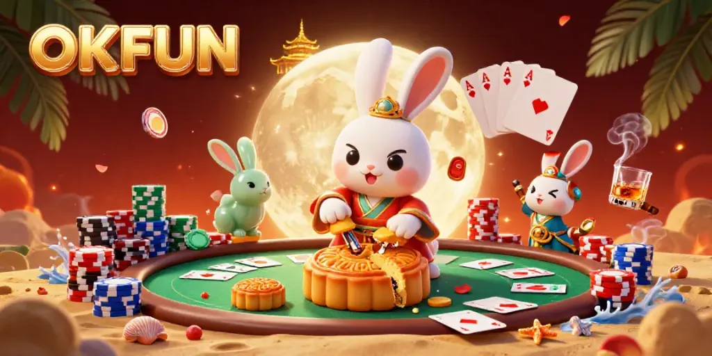Engage in thrilling games with OKFUN featuring vibrant poker chips and a moon rabbit theme.