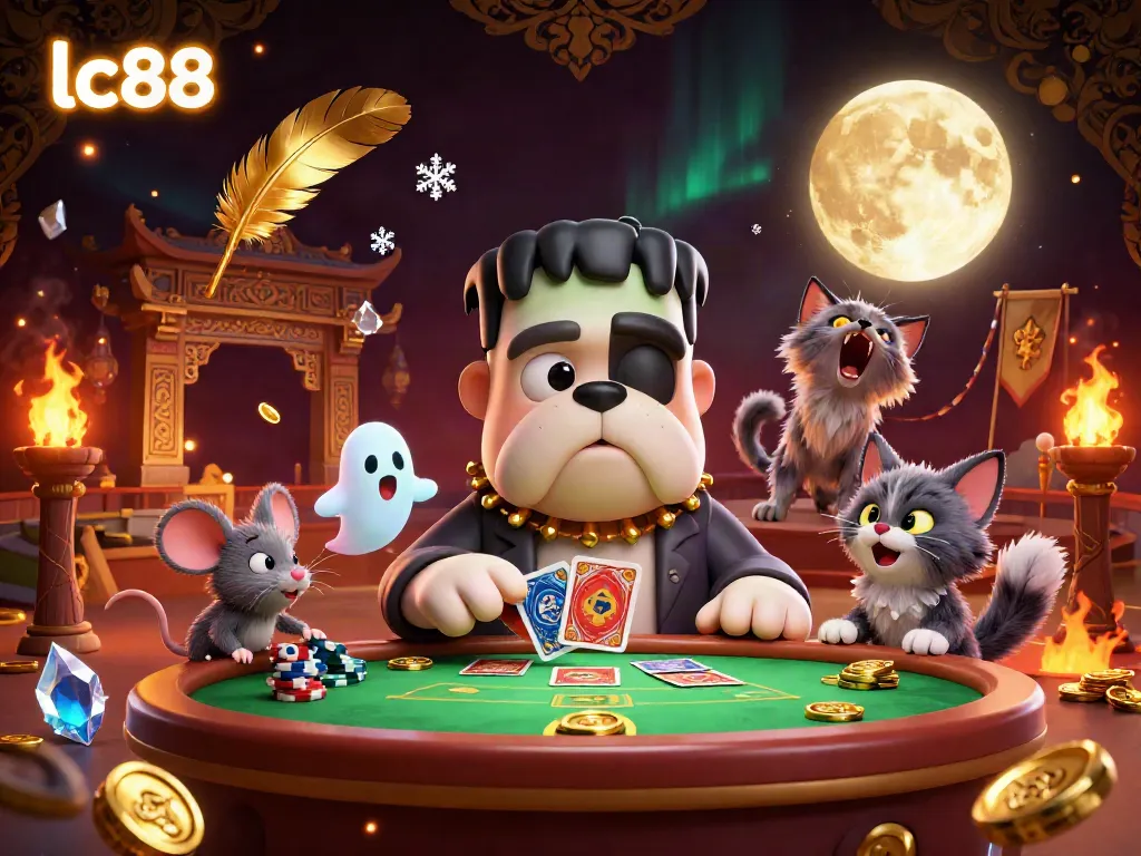 Experience thrilling card games with lc88, featuring a Frankenstein bulldog dealer, gold moon, and spooky atmosphere.