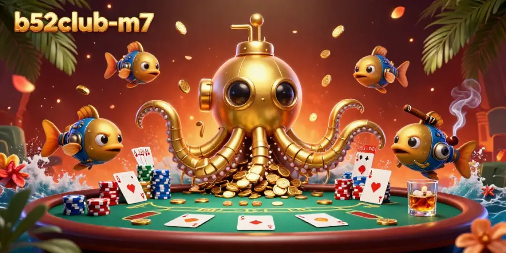Join the thrilling world of b52club-m7 with a colorful casino-themed illustration highlighting poker elements and a kraken submarine.