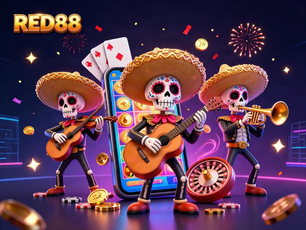 Engage in exciting gaming at RED88 with vibrant 3D characters celebrating and showcasing impressive casino elements like slot games.