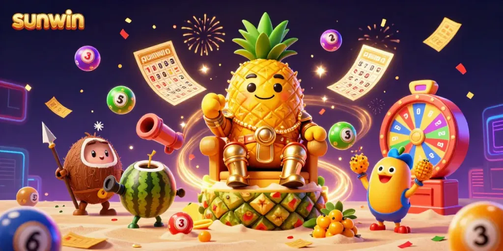 Witness the dynamic excitement of sunwin with a golden pineapple king and vibrant casino elements.