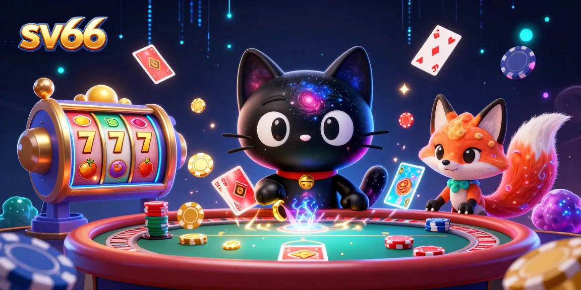 Engage with sv66 casino fun as a cosmic cat lures in golden chips among vibrant slot reels.