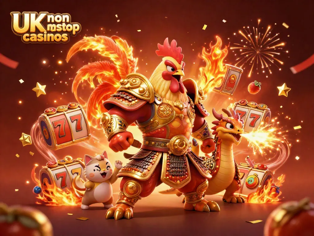 Celebrate with exciting visuals of UK non gamstop casinos featuring animated characters and dynamic casino elements.
