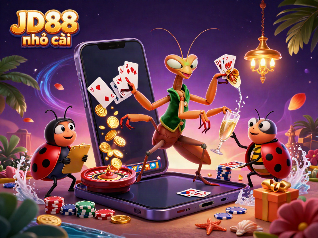 Experience JD88 nhà cái with vibrant illustrations of playful casino elements and lively characters.