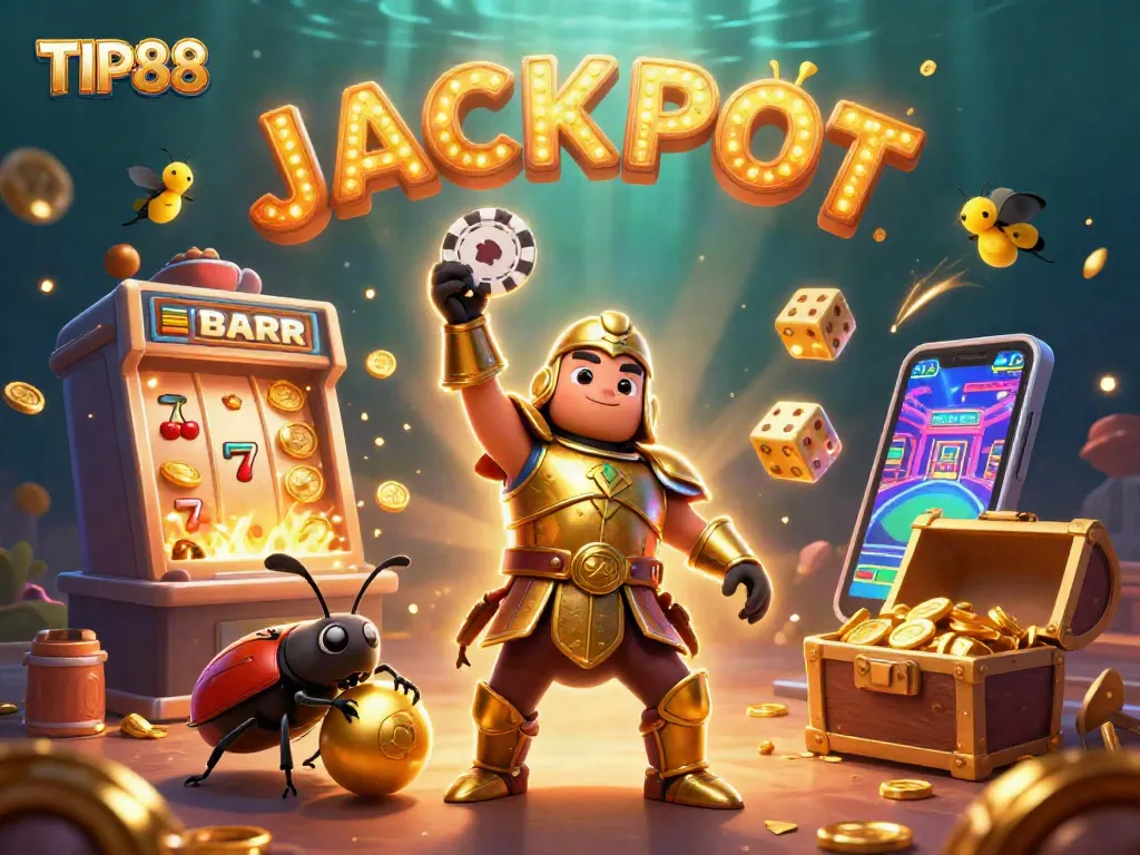Experience excitement at TIP88 with a victorious Hercules beetle and vibrant casino elements in a dynamic scene