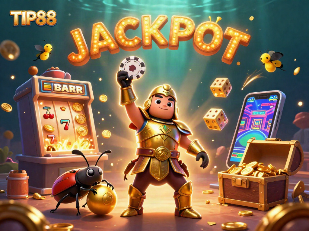 Experience excitement at TIP88 with a victorious Hercules beetle and vibrant casino elements in a dynamic scene