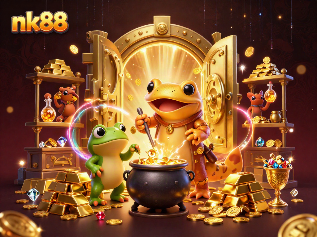 nk88 showcases a vibrant gold-themed scene with magical alchemists illustrating winning strategies for players.