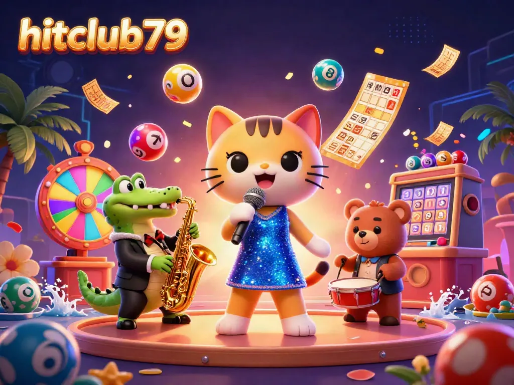 Experience fun with hitclub79 featuring a jazz-singer cat, saxophone crocodile, and playful bear cub in a vibrant casino scene.