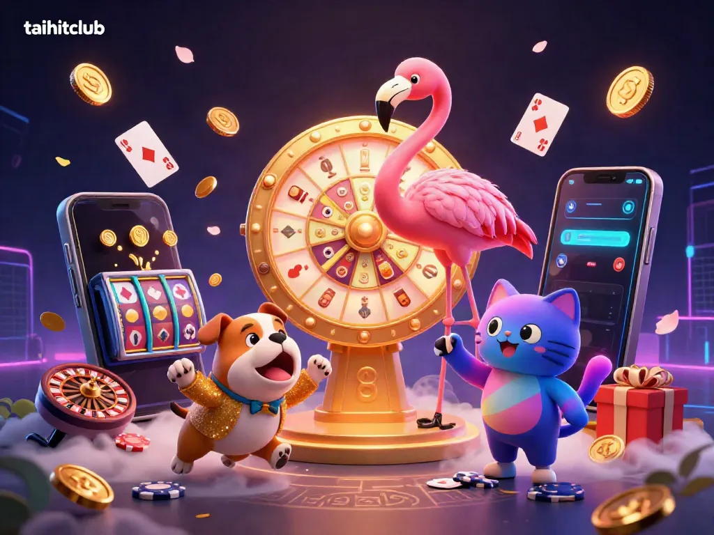 Experience thrilling wins at taihitclub with a vibrant casino gaming scene showcasing slots and lively characters.