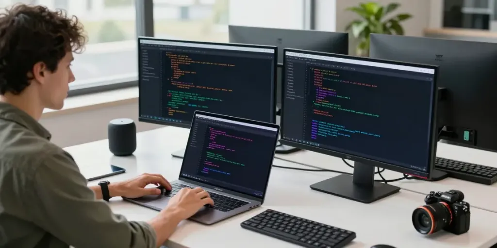 Instant indexing software workspace with developer and multiple screens showcasing code.