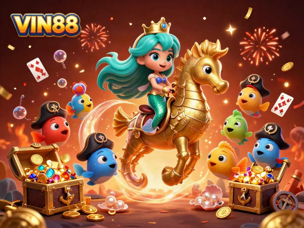Join the excitement at VIN88 with a colorful mermaid-themed underwater casino scene filled with treasures and games.