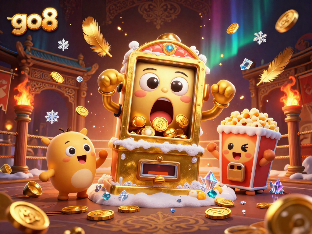 Spin and win at go8 with the animated jubilant slot machine and cheering characters in a festive casino scene.