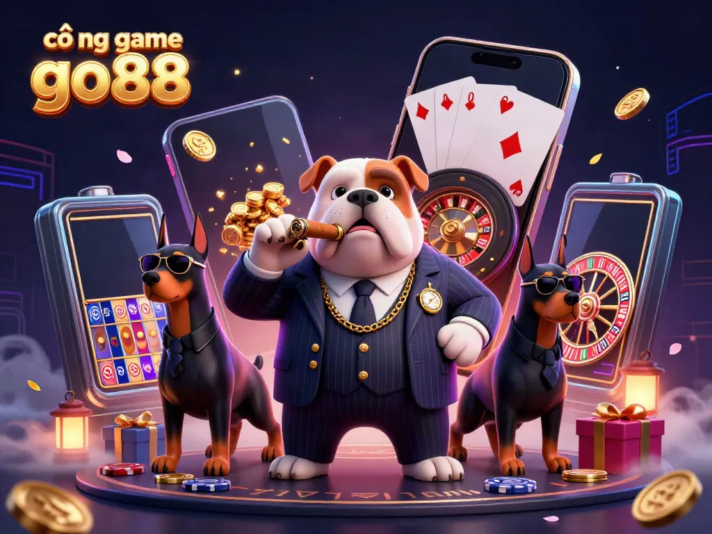 Experience the excitement of cổng game go88 with a mafia bulldog and Doberman bodyguards amidst casino action.