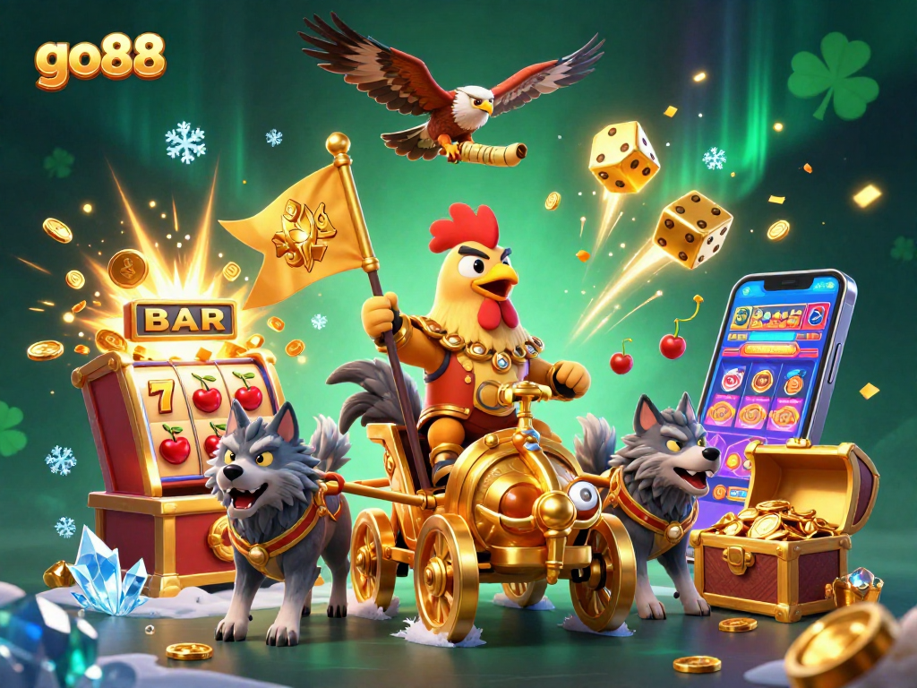 Engage with go88's vibrant casino world featuring a rooster warlord in action, celebrating jackpots!