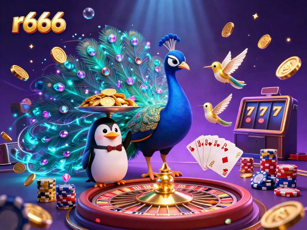 Experience the vibrant casino atmosphere with r666, featuring a colorful cartoon peacock and dazzling gaming elements.