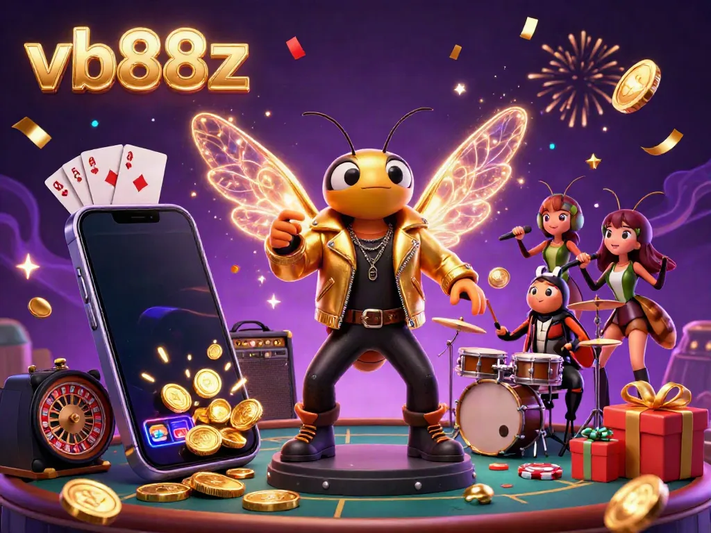 Celebrate big wins with vb88z in a vibrant casino scene featuring a rock star cicada and fun gaming elements.