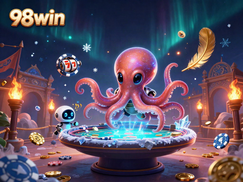 98win engages players with a vibrant scene of an alien octopus at a poker table in a 3D casino