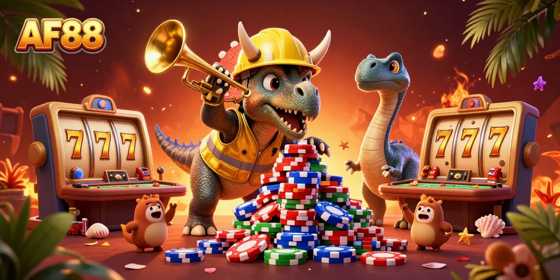 Engage with AF88's vibrant casino illustration featuring a triceratops and joyful gaming elements.