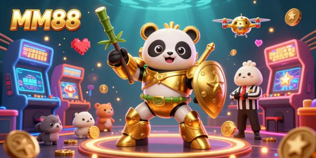 Immerse in MM88 themed casino action with a dynamic golden panda robot showdown.