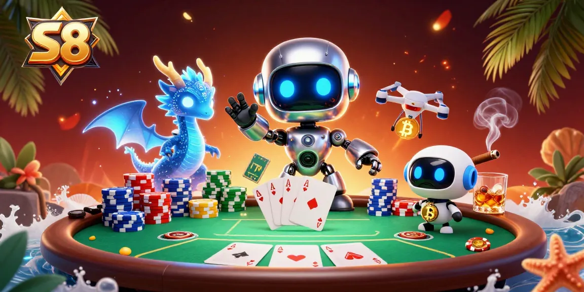 S8 poker scene with a cyberpunk robot, holographic dragon, and a bitcoin drone amidst vibrant casino elements.