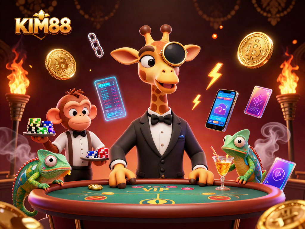 Experience the exciting world of KIM88 with a lively illustration featuring unique characters and rich casino elements.