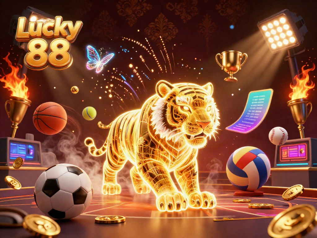 Experience the vibrant casino world with Lucky 88, featuring energetic golden tiger and exciting sports elements.