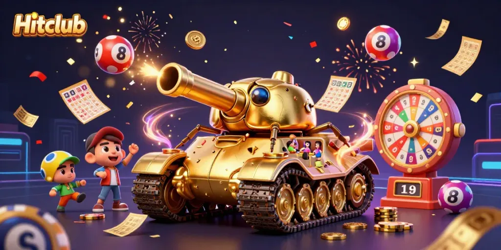 Hitclub offers an action-packed mini casino experience within a golden beetle tank, celebrating wins and excitement.