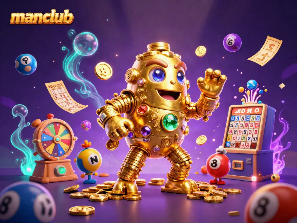 Experience the excitement of manclub with a golem made of gold coins in a vibrant casino scene.