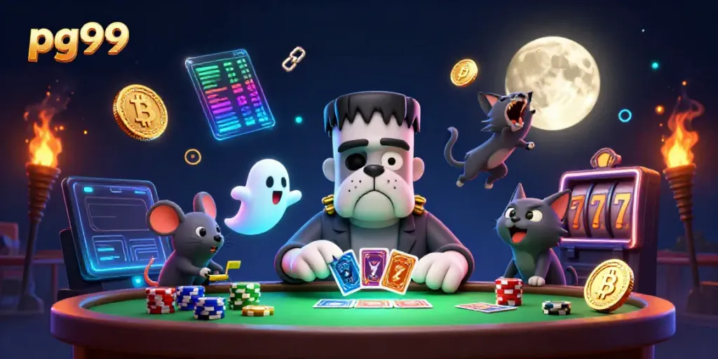 Experience thrilling gameplay with pg99 as a cartoon bulldog dealers cards on a spooky casino table.
