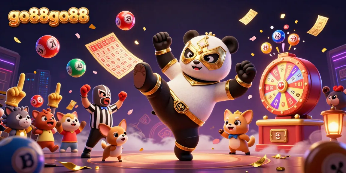 Engage with the go88go88 dynamic scene featuring a panda wrestler kicking while tiny animal spectators cheer in a vibrant casino backdrop.