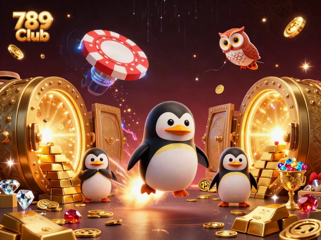 Experience the exciting 789 Club with a vibrant scene featuring a golden penguin racing to a casino station.