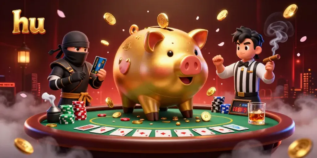 Engaging scene featuring the hu brand with a piggy bank sumo wrestler, dynamic gambling action, and casino elements.