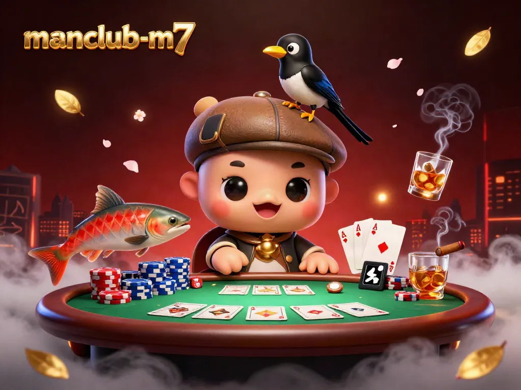 Experience thrill with manclub-m7 at a vibrant poker table showcasing excited characters.