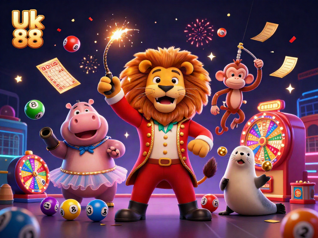 Engage with Uk 88's vibrant 3D casino scene featuring a circus ringmaster lion, hippo, monkey, and seal.