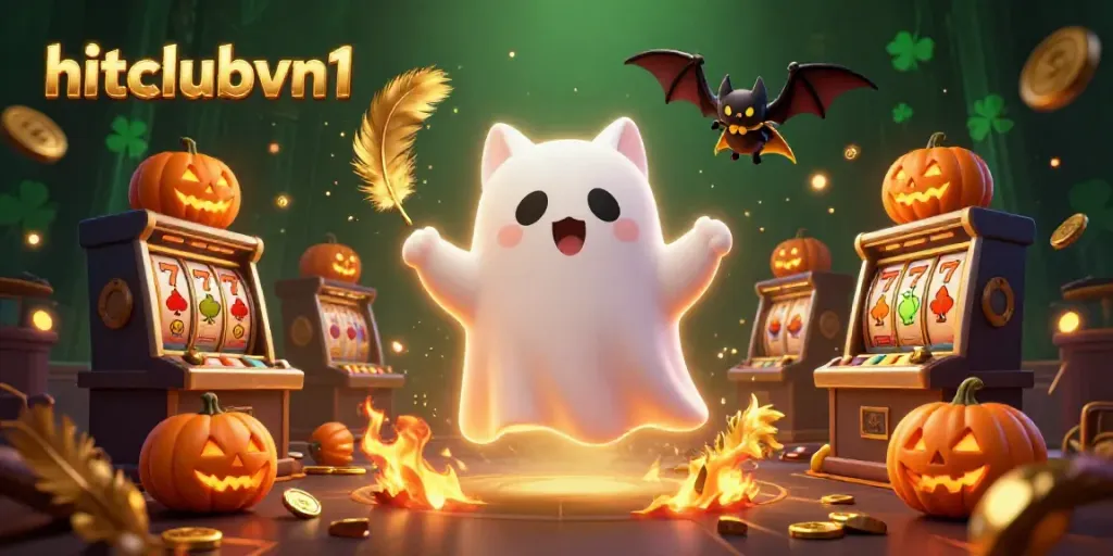 Engage with hitclubvn1 as the friendly ghost cat floats in a lively haunted casino scene filled with dynamic slot elements.