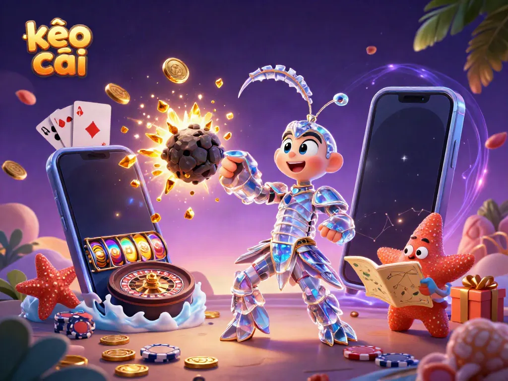 Engage with kèo nhà cái while witnessing a vibrant galactic samurai amidst exploding gems and dazzling casino elements.