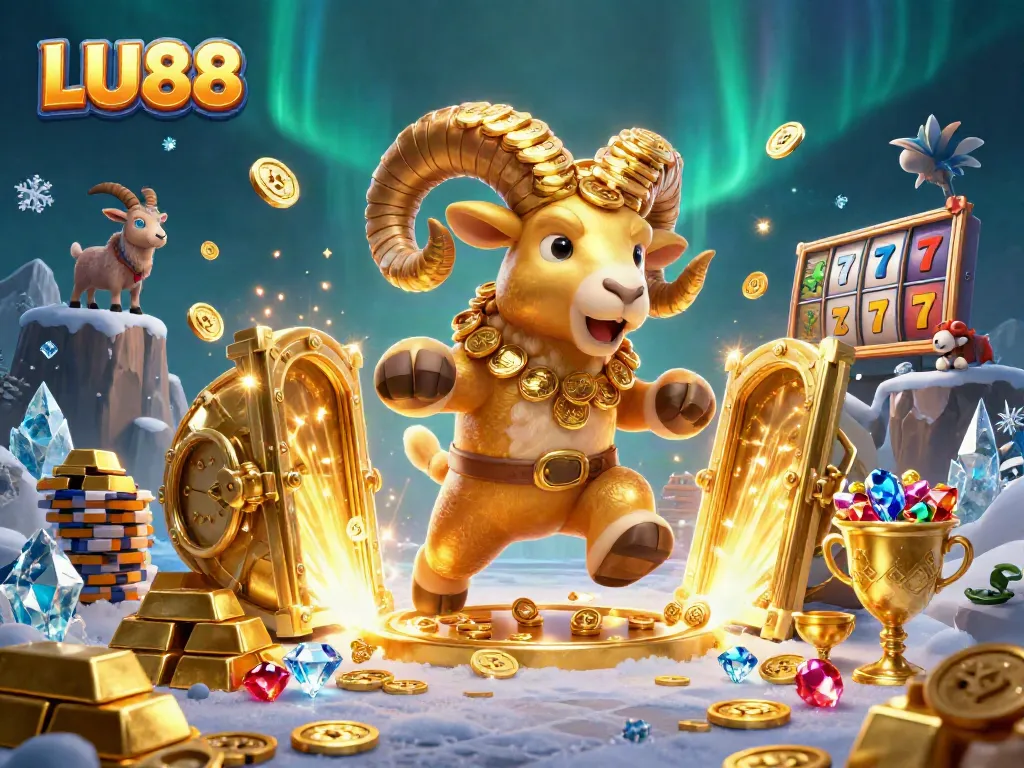 LU88 showcases a vibrant casino scene with a golden ram amidst slot reels and treasures bursting in light.