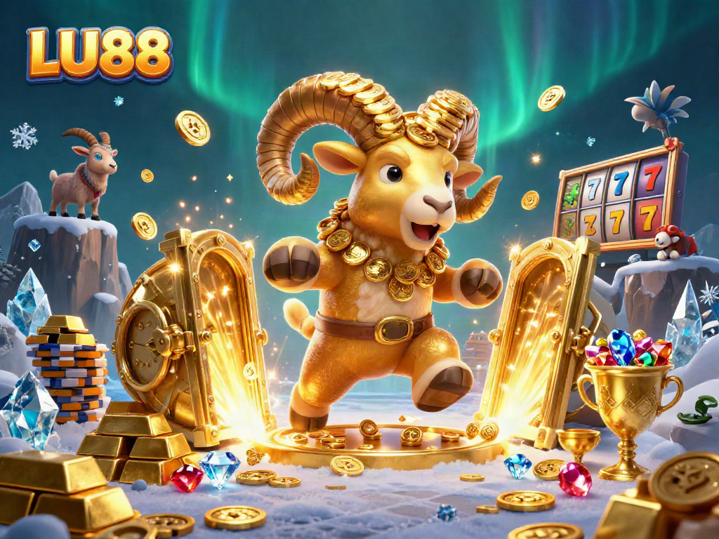 LU88 showcases a vibrant casino scene with a golden ram amidst slot reels and treasures bursting in light.