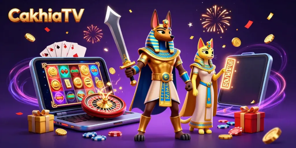 CakhiaTV cung cấp trải nghiệm cá cược sôi động với hình ảnh Anubis và Bastet trong một cảnh chơi game cuốn hút.