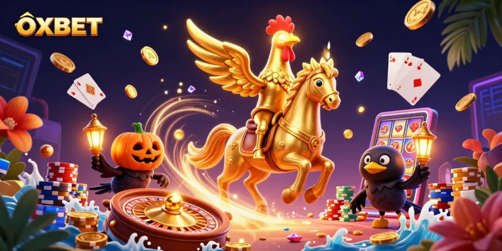 Experience thrilling fun with OXBET's 3D casino adventure featuring golden rooster and sparkling treasures.
